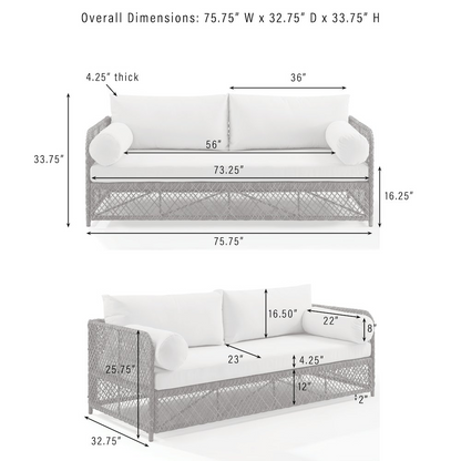 Granite Bay 2-piece wicker outdoor sofa patio furniture set with a matching coffee table, featuring plush cushions and woven wicker design.