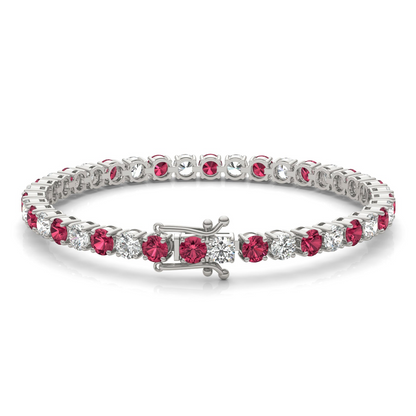 Start2Finish 7.50 CTW lab-created ruby and diamond tennis bracelet in 14K white gold overlay with sparkling gemstones.