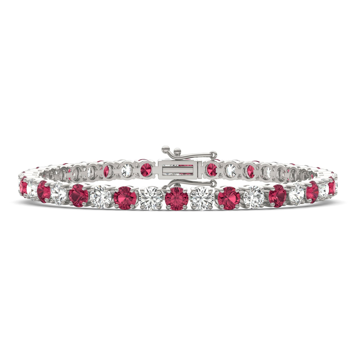 Start2Finish 7.50 CTW lab-created ruby and diamond tennis bracelet in 14K white gold overlay, featuring sparkling gemstones.