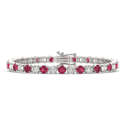 Start2Finish 7.50 CTW lab-created ruby and diamond tennis bracelet in 14K white gold overlay, featuring sparkling gemstones.