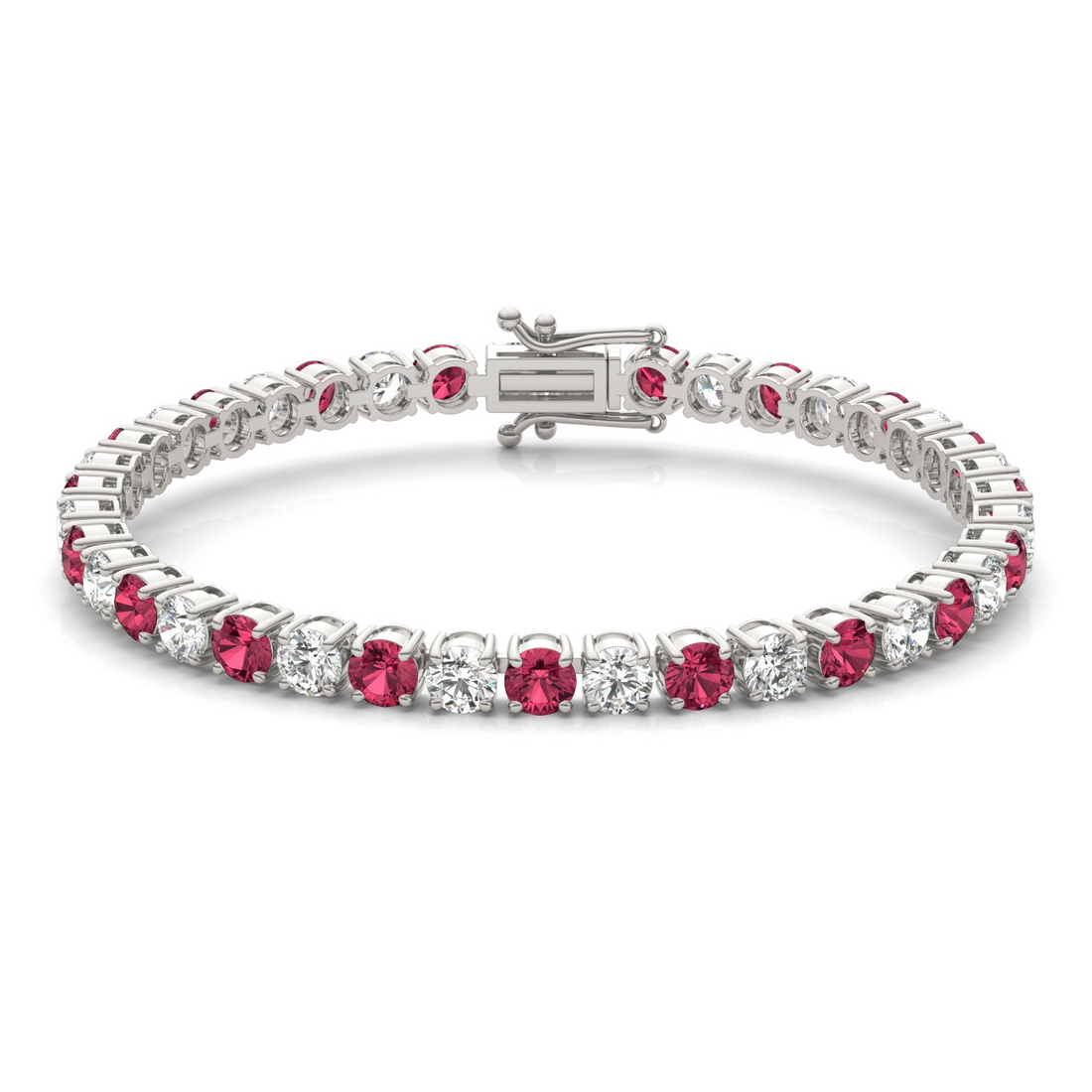 Start2Finish 7.50 CTW lab created ruby and diamond tennis bracelet in 14K white gold overlay, featuring sparkling gemstones and elegant design.