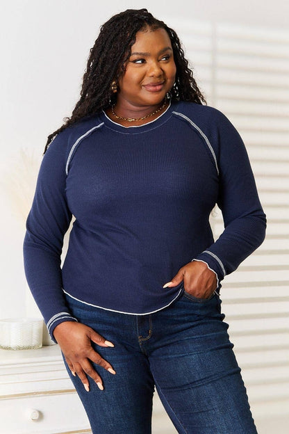 Carmine Juneberry basic Bae long raglan sleeve round neck top, casual gift clothing, shown in a neutral color on a plain background.