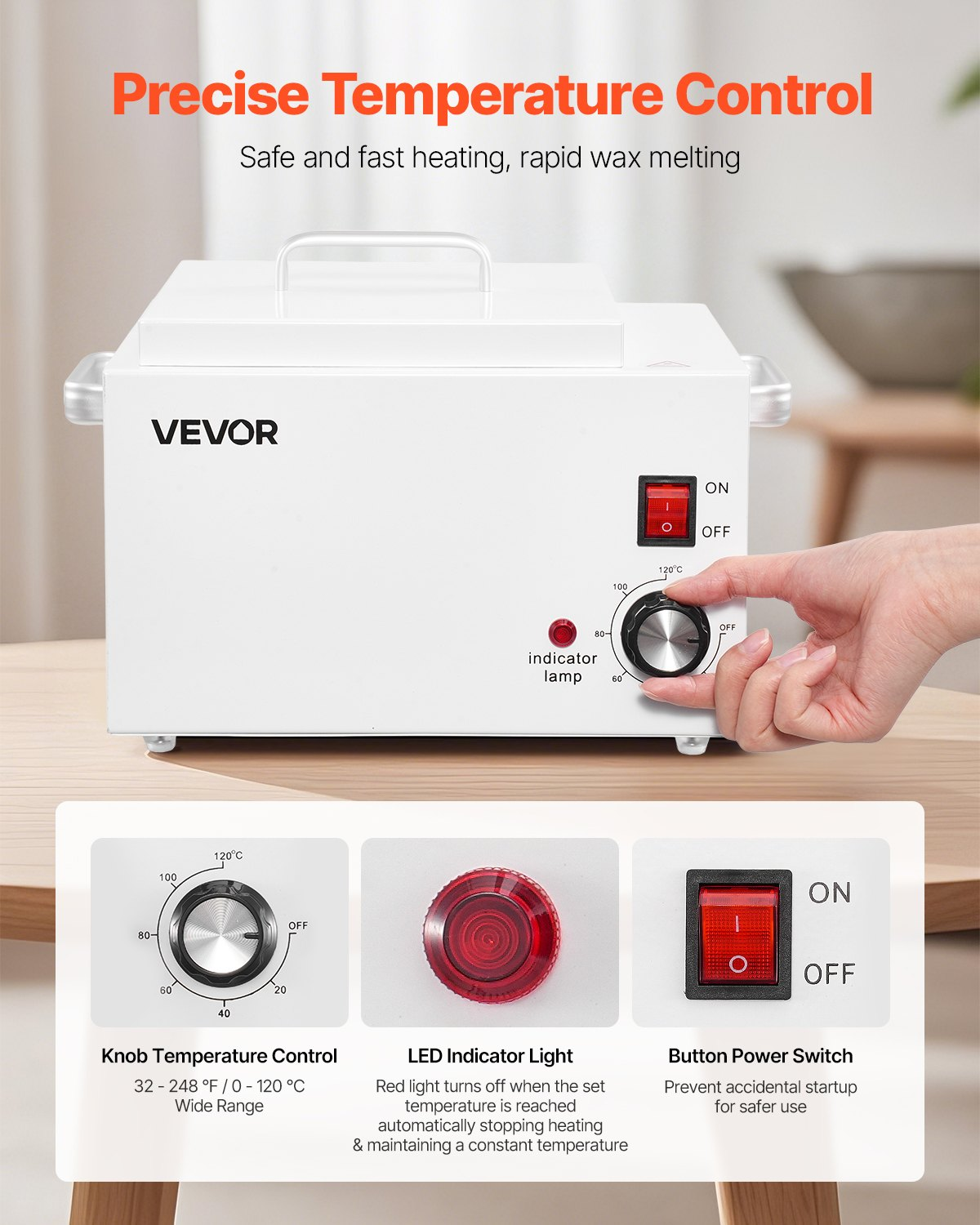 Start2Finish VEVOR 3000ML wax warmer with adjustable temperature, non-stick pot, and 100 waxing sticks for hair removal at home or salon.