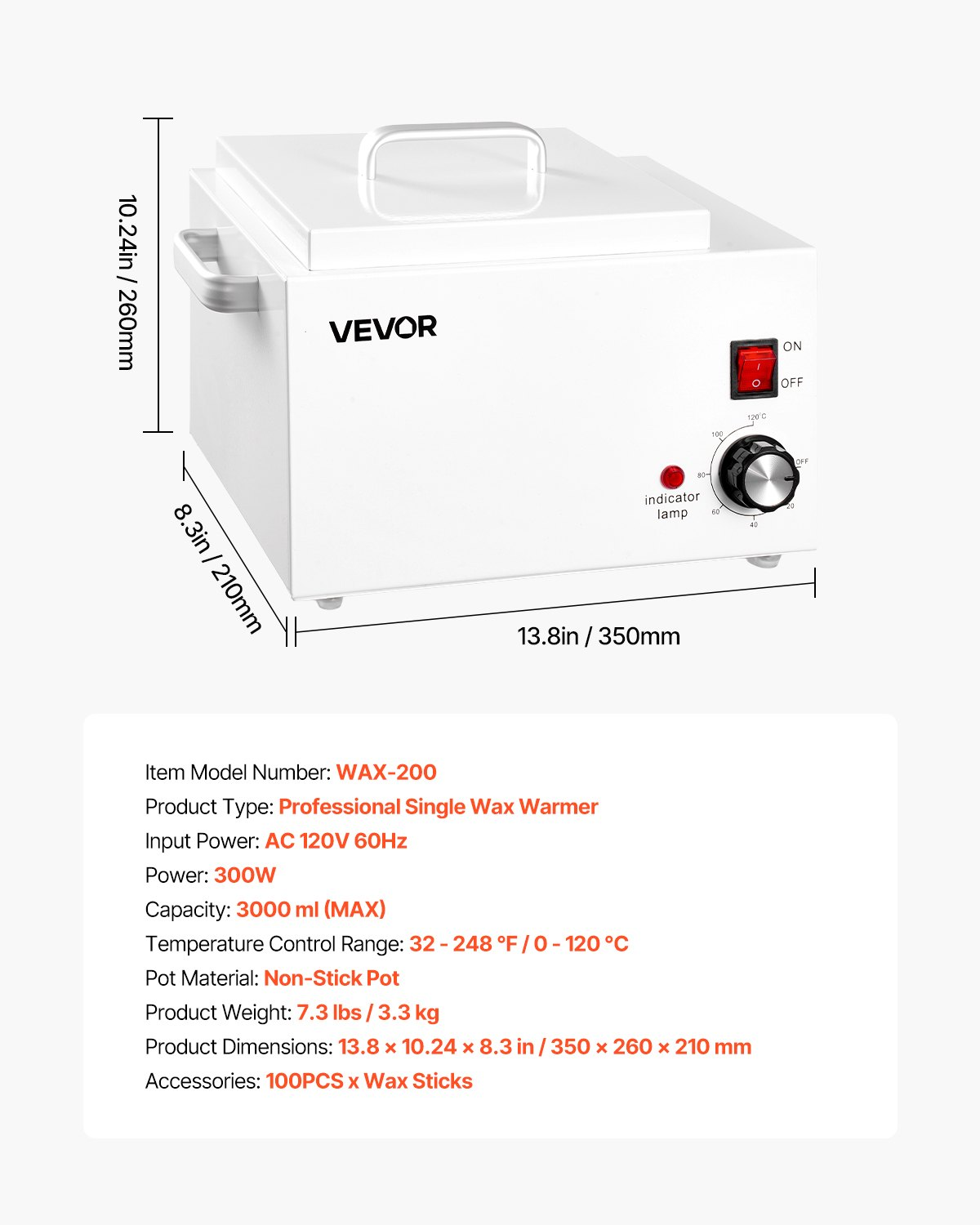 Start2Finish VEVOR single wax warmer with 3000ML capacity, adjustable temperature, non-stick pot, and 100 waxing sticks.