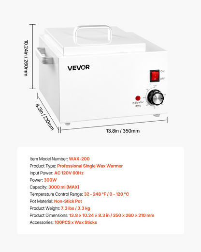Start2Finish VEVOR single wax warmer with 3000ML capacity, adjustable temperature, non-stick pot, and 100 waxing sticks.