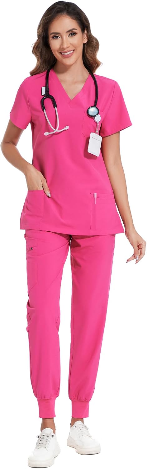 COZYFIT Scrubs for Women – Stretch V-Neck &amp; Jogger Pant Set with 9 Pockets