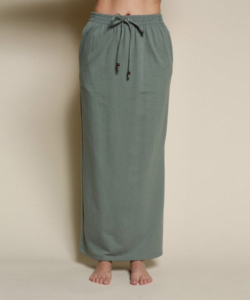 Brushed organic hemp side slit maxi skirt by Jade Icarus featuring a flowing design and natural earthy tones.