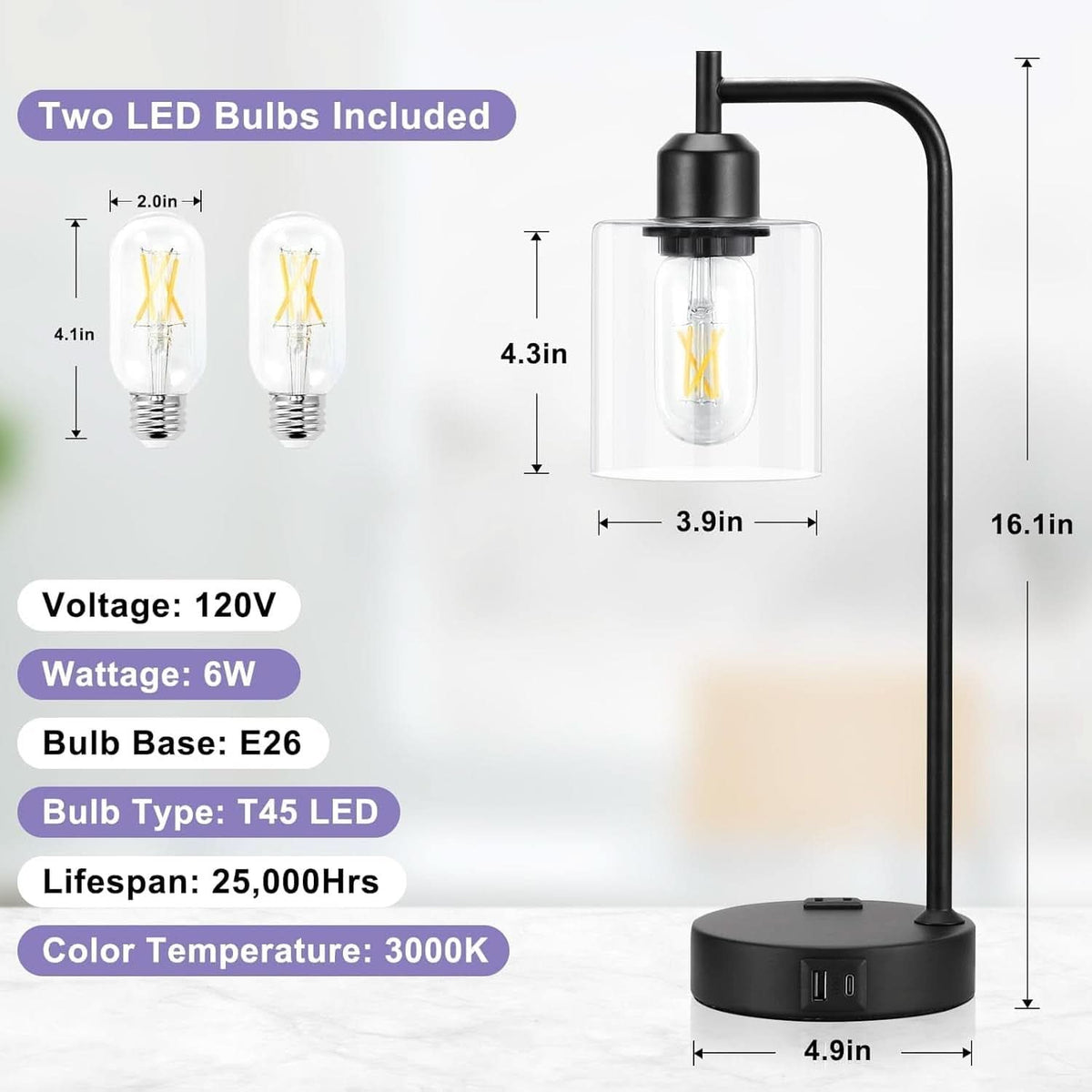 Industrial Touch Table Lamps Bundle Black 3 Way Dimmable USB