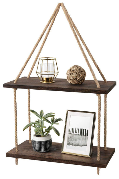 Wood hanging shelf with jute rope for wall storage, featuring a rustic design from Carmine Athena in home and garden decor.