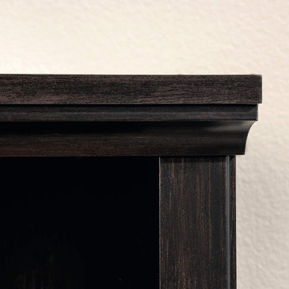 Three-tier wooden book shelf by Peach Maple in estate black with adjustable shelves, featuring a sleek modern furniture design.
