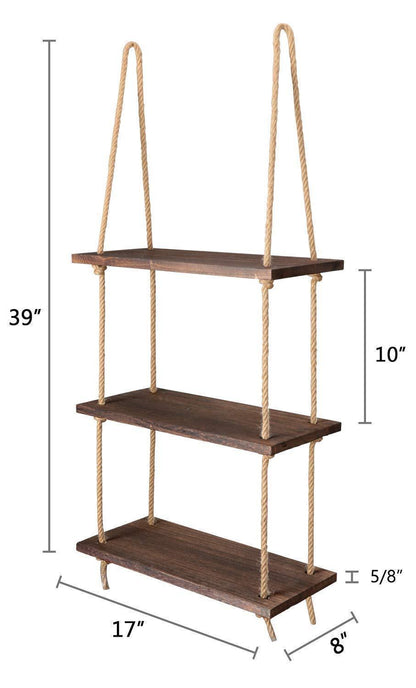 Three-tier wooden hanging shelf with jute rope for wall storage, ideal for home and garden organization by Carmine Athena.