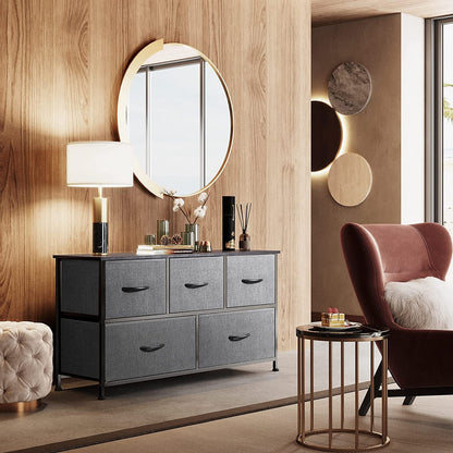 Peach Maple 5-drawer fabric dresser organizer for bedroom storage, showing a soft fabric storage unit with five drawers and a sturdy frame.