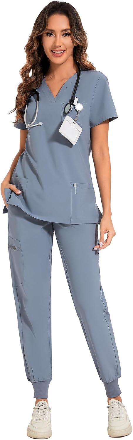 COZYFIT Scrubs for Women – Stretch V-Neck &amp; Jogger Pant Set with 9 Pockets
