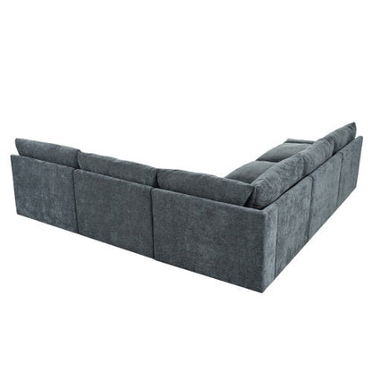 Carmine Juneberry LuneluX Home 115.5-inch deep gray modular sectional sofa with built-in storage in a modern living room setting.