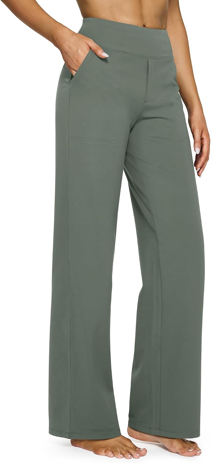 G4Free Yoga Pants for Women Wide Leg Pants with Pockets High Waisted | Moisture Wicking, Soft Comfortable Feel, 4-Way Stretch, Faux Fly, Faux Back Pockets, Yoga, Work &amp; Casual Wear
