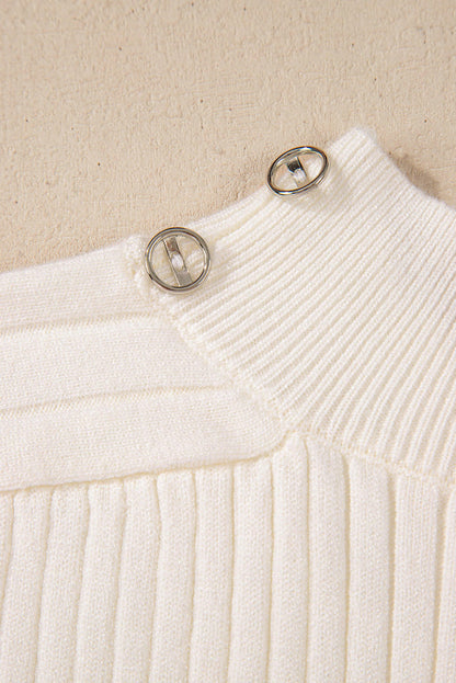 White ribbed knit high neck sweater vest by Carmine Juneberry, showing close-up of textured fabric and high neckline.