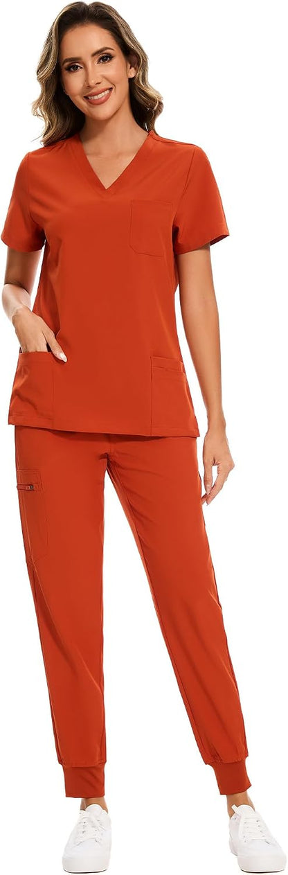 COZYFIT Scrubs for Women – Stretch V-Neck &amp; Jogger Pant Set with 9 Pockets