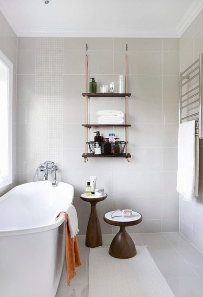 Three-tier wooden hanging shelf with jute rope, wall-mounted storage shelf for home and garden use by Carmine Athena.