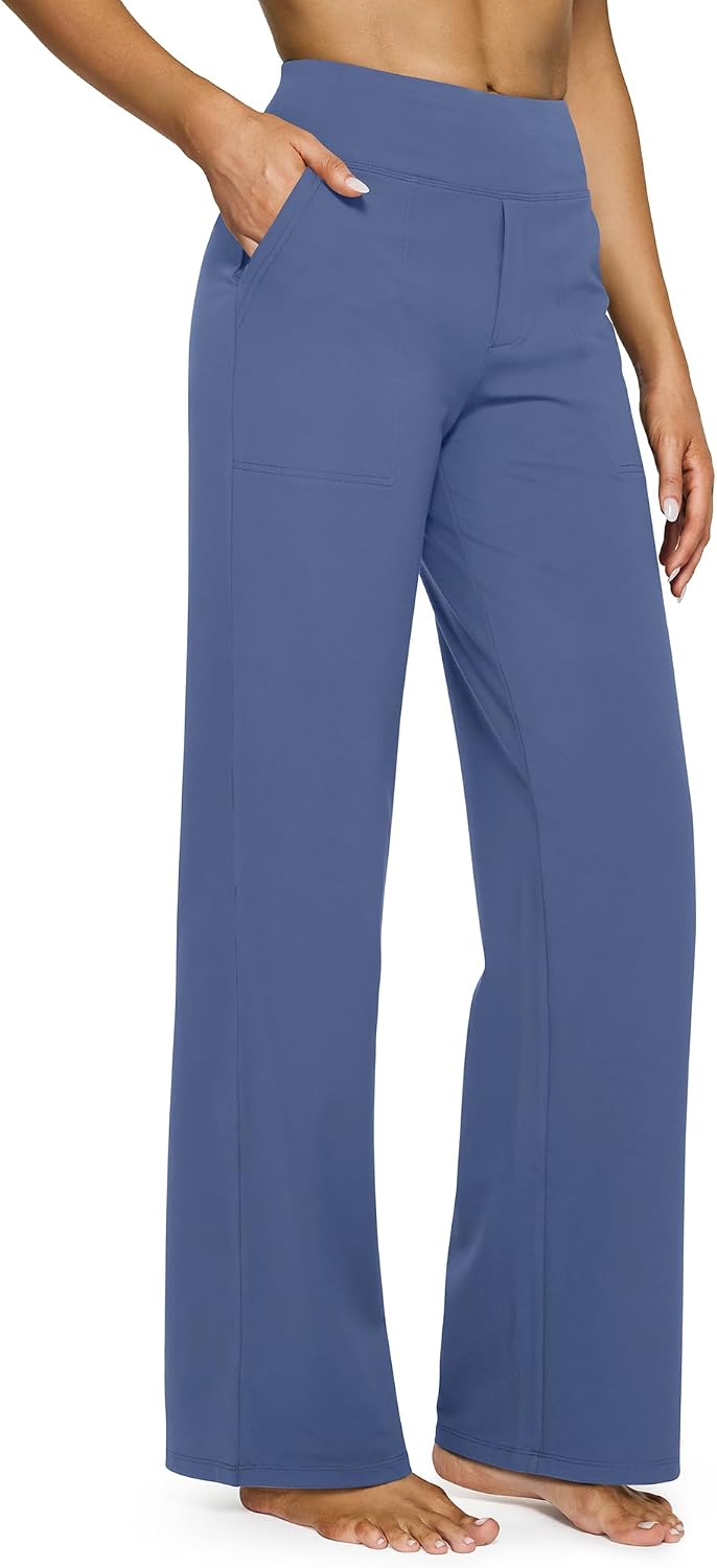 G4Free Yoga Pants for Women Wide Leg Pants with Pockets High Waisted | Moisture Wicking, Soft Comfortable Feel, 4-Way Stretch, Faux Fly, Faux Back Pockets, Yoga, Work &amp; Casual Wear