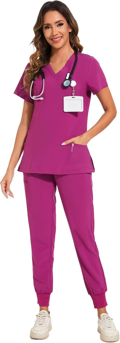 COZYFIT Scrubs for Women – Stretch V-Neck &amp; Jogger Pant Set with 9 Pockets