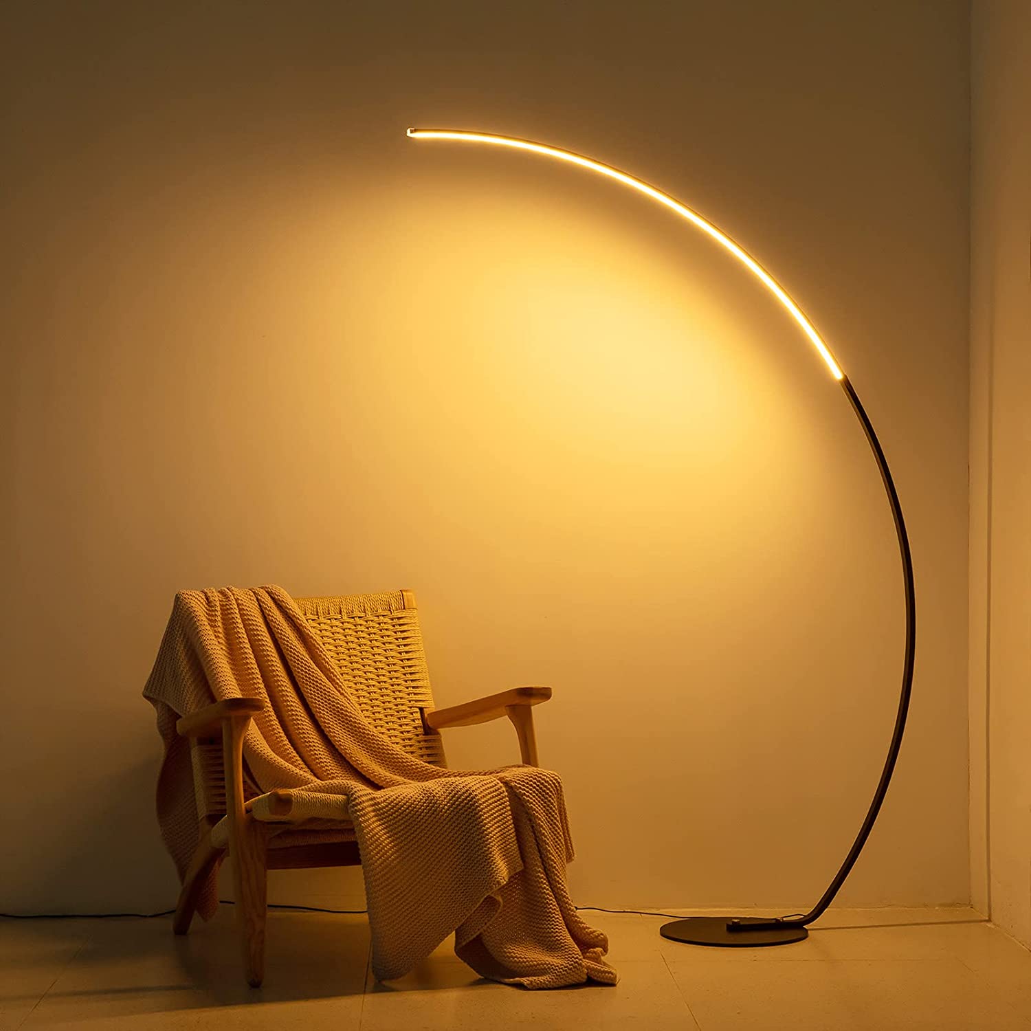 Sangria Apricot RGBW Modern Curve Floor Lamp in home decor setting, featuring sleek design and adjustable lighting.