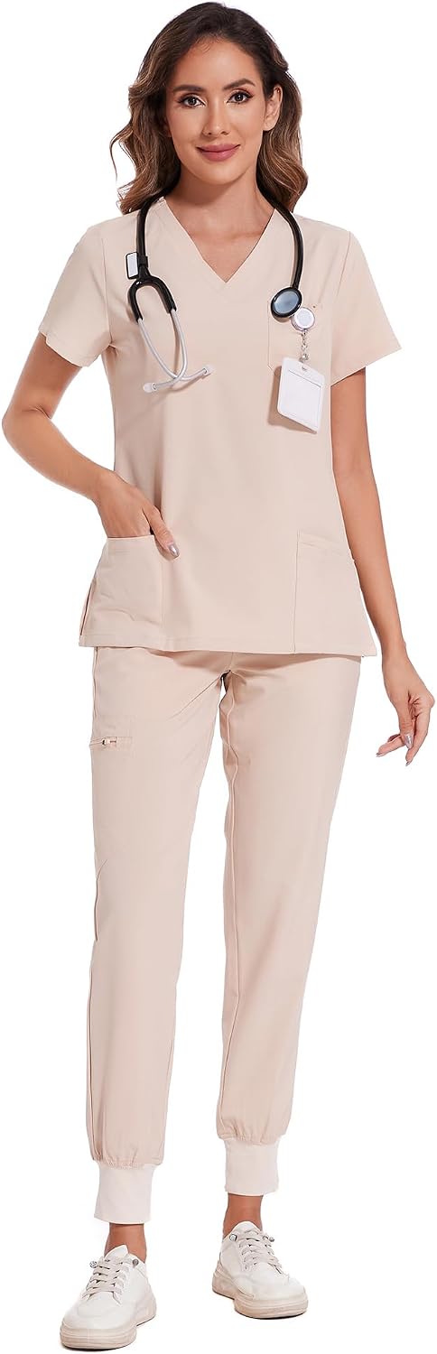 COZYFIT Scrubs for Women – Stretch V-Neck &amp; Jogger Pant Set with 9 Pockets