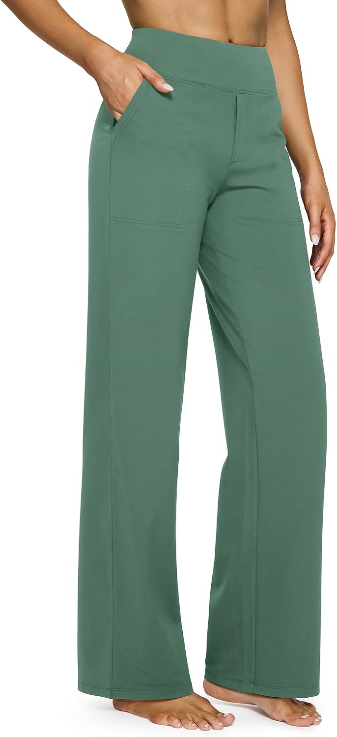 G4Free Yoga Pants for Women Wide Leg Pants with Pockets High Waisted | Moisture Wicking, Soft Comfortable Feel, 4-Way Stretch, Faux Fly, Faux Back Pockets, Yoga, Work &amp; Casual Wear