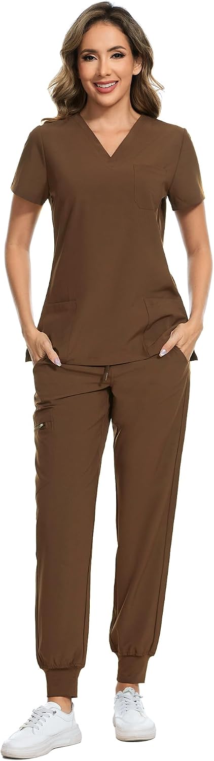 COZYFIT Scrubs for Women – Stretch V-Neck &amp; Jogger Pant Set with 9 Pockets