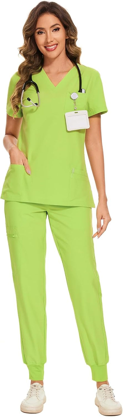 COZYFIT Scrubs for Women – Stretch V-Neck &amp; Jogger Pant Set with 9 Pockets