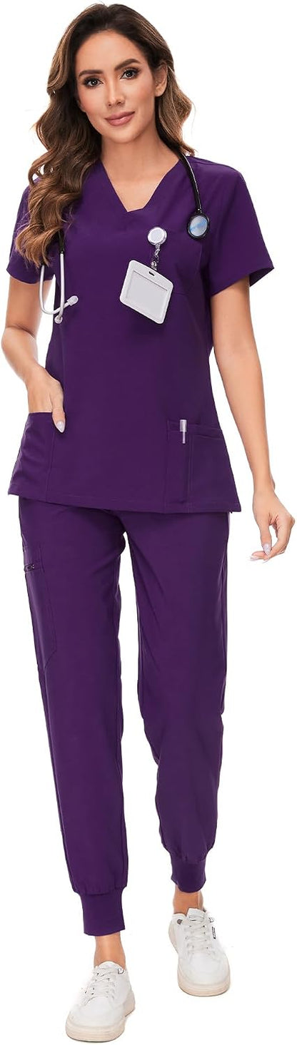 COZYFIT Scrubs for Women – Stretch V-Neck &amp; Jogger Pant Set with 9 Pockets
