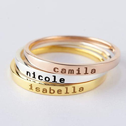 Stackable mom rings set by Green Millie featuring personalized stacking rings with engraved kid&