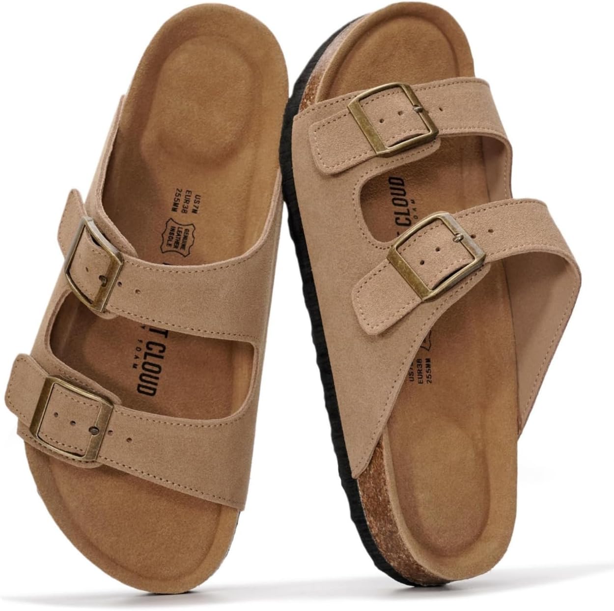 Project Cloud 100% Genuine Leather Womens Sandals Slides for Women (Venita) | Cork Footbed Sandals for Women with Memory Foam and Arch Support Vacation Essentials Slides Women Footwear Flat Sandals