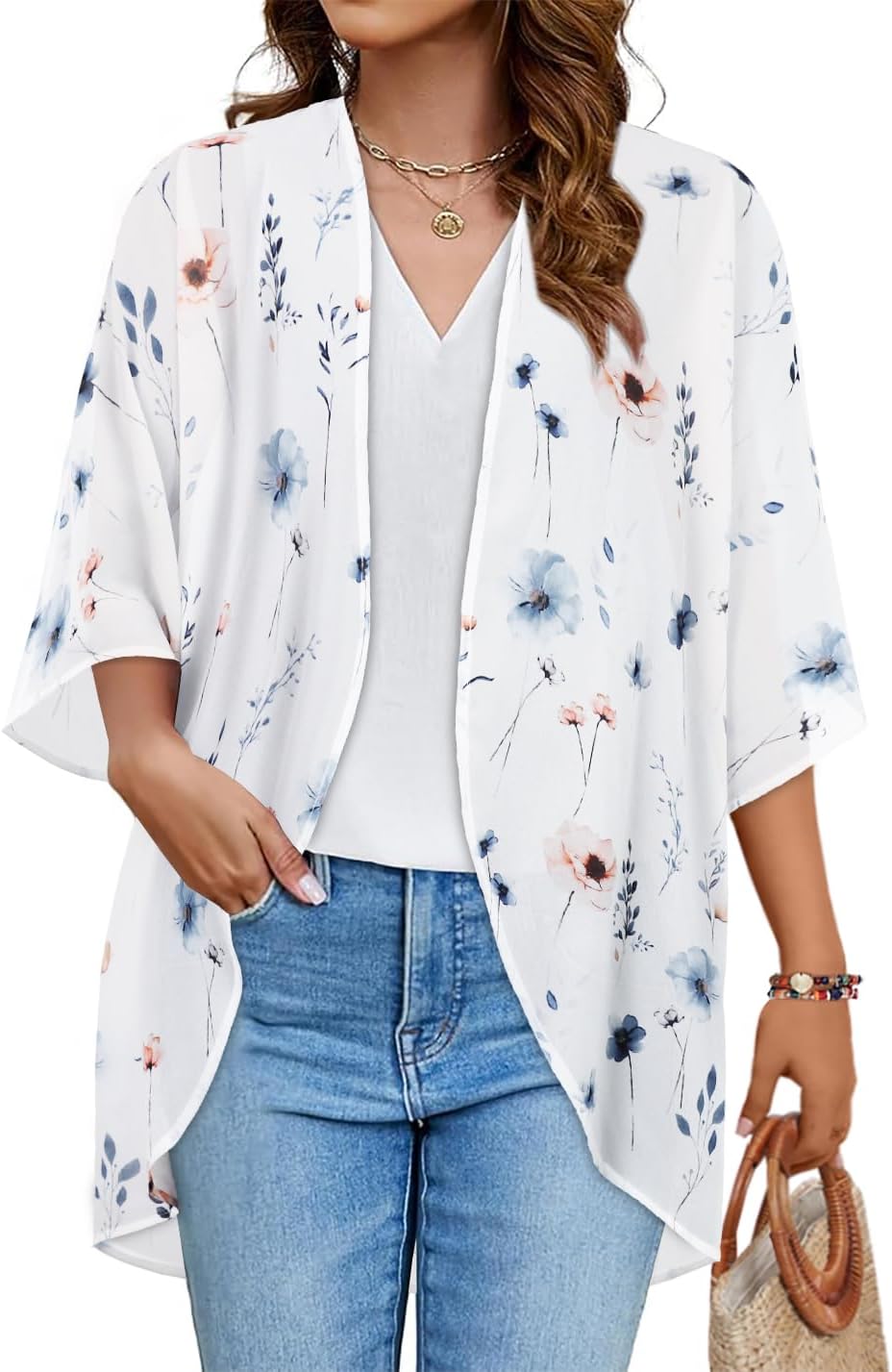 CHICGAL Womens Floral Kimono Cardigan Beach Cover Up Casual Summer Tops | 2026 Puff Sleeve Open Front Chiffon Outfit,Hawaiian Shirt,Beach Vacation Swimwear, Plus Top,Boho ladies Blouse,Cruise Resort