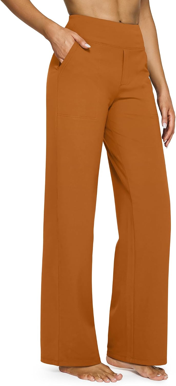 G4Free Yoga Pants for Women Wide Leg Pants with Pockets High Waisted | Moisture Wicking, Soft Comfortable Feel, 4-Way Stretch, Faux Fly, Faux Back Pockets, Yoga, Work &amp; Casual Wear