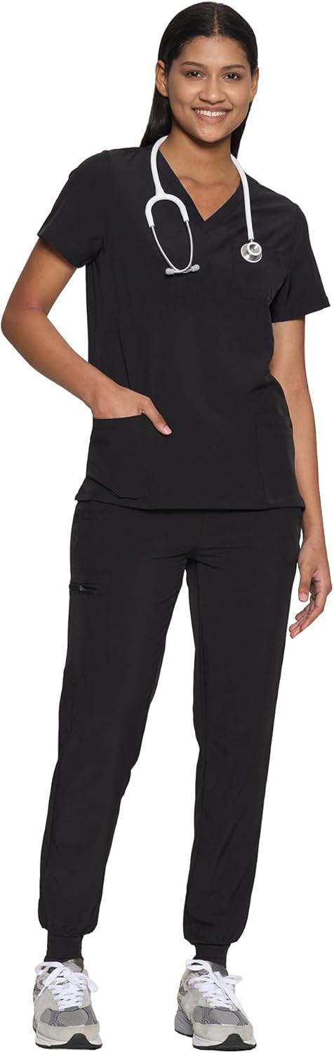 COZYFIT Scrubs for Women – Stretch V-Neck &amp; Jogger Pant Set with 9 Pockets