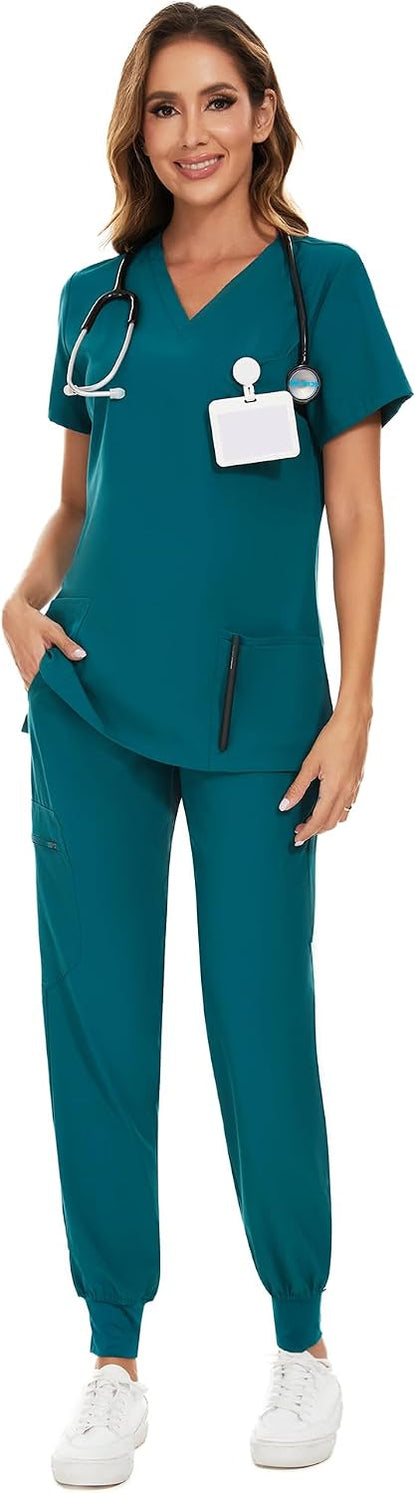 COZYFIT Scrubs for Women – Stretch V-Neck &amp; Jogger Pant Set with 9 Pockets
