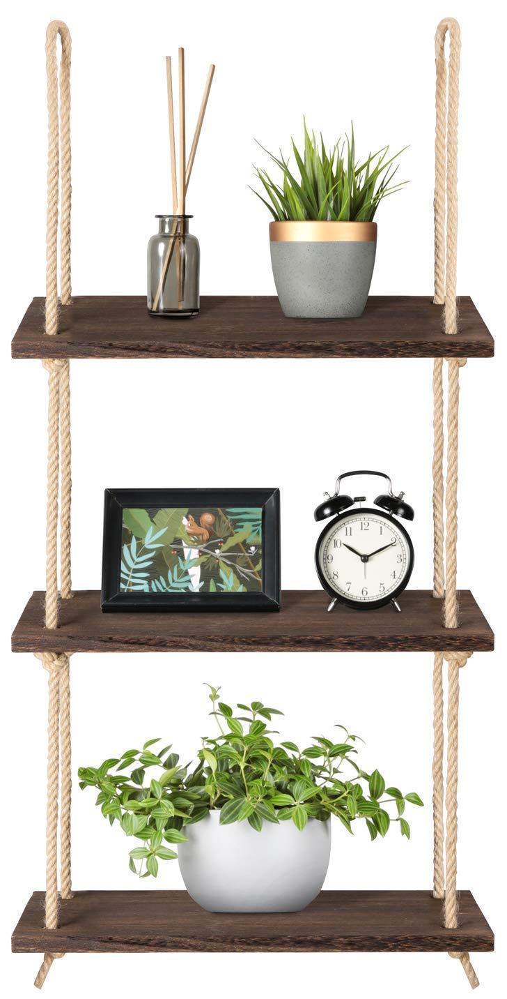 Carmine Athena 3-tier wood hanging wall shelf with jute rope for storage and decor in home and garden spaces
