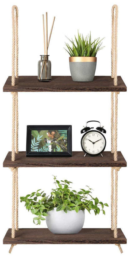 Carmine Athena 3-tier wood hanging wall shelf with jute rope for storage and decor in home and garden spaces