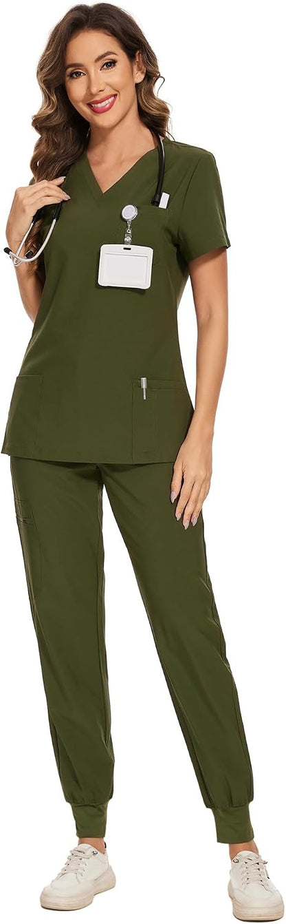 COZYFIT Scrubs for Women – Stretch V-Neck &amp; Jogger Pant Set with 9 Pockets