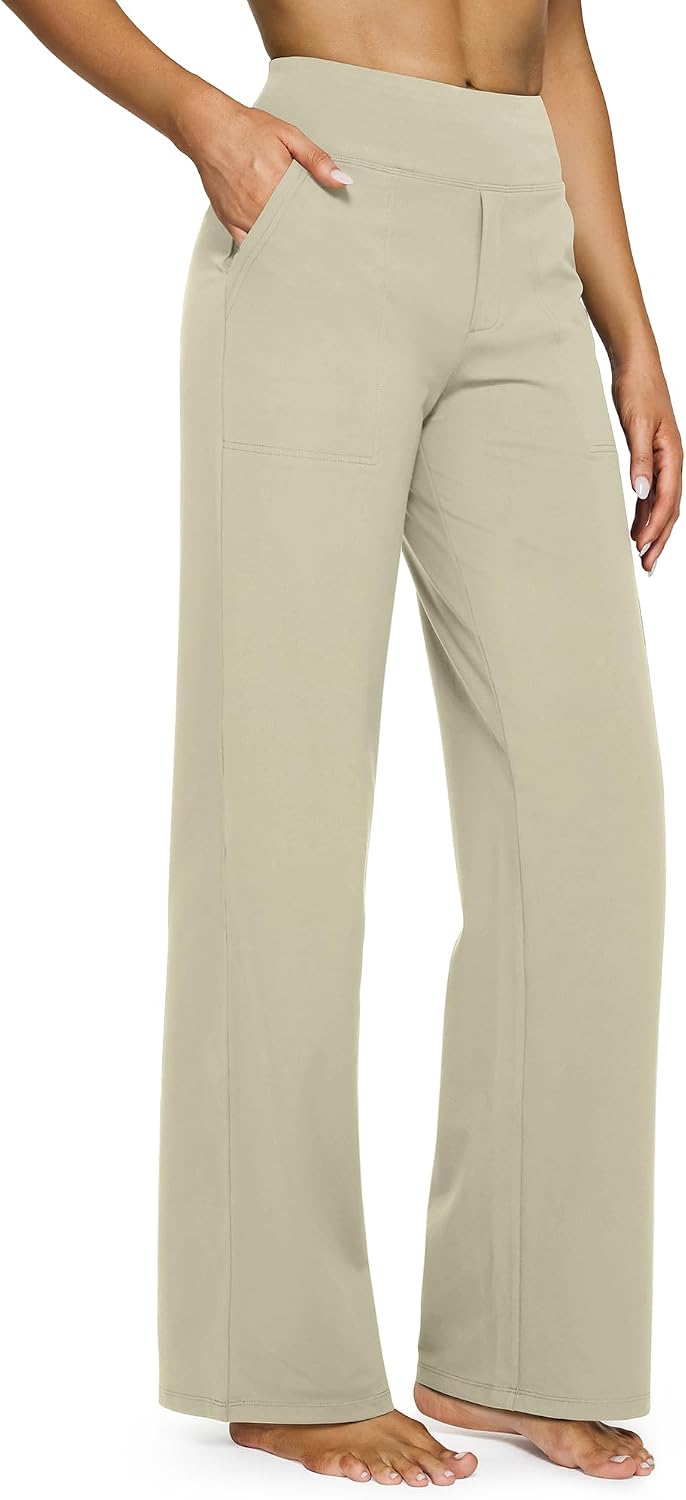 G4Free Yoga Pants for Women Wide Leg Pants with Pockets High Waisted | Moisture Wicking, Soft Comfortable Feel, 4-Way Stretch, Faux Fly, Faux Back Pockets, Yoga, Work &amp; Casual Wear