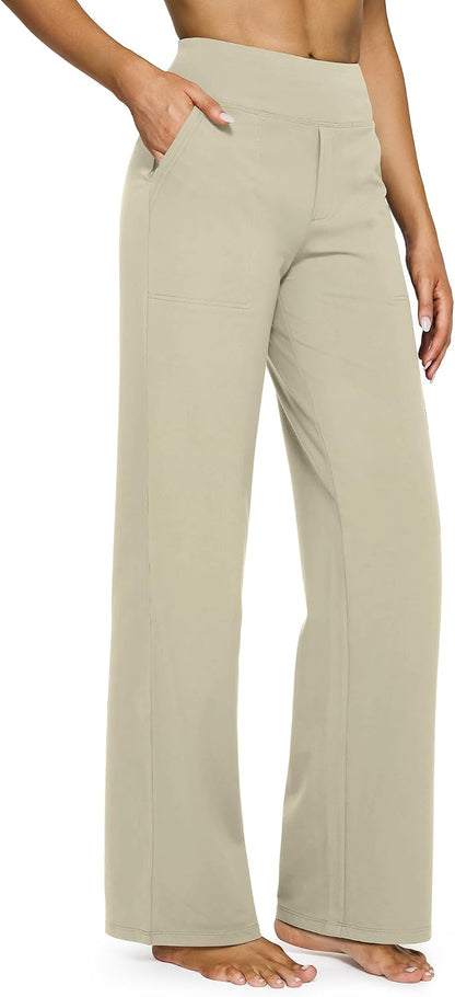 G4Free Yoga Pants for Women Wide Leg Pants with Pockets High Waisted | Moisture Wicking, Soft Comfortable Feel, 4-Way Stretch, Faux Fly, Faux Back Pockets, Yoga, Work &amp; Casual Wear