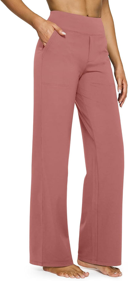 G4Free Yoga Pants for Women Wide Leg Pants with Pockets High Waisted | Moisture Wicking, Soft Comfortable Feel, 4-Way Stretch, Faux Fly, Faux Back Pockets, Yoga, Work &amp; Casual Wear