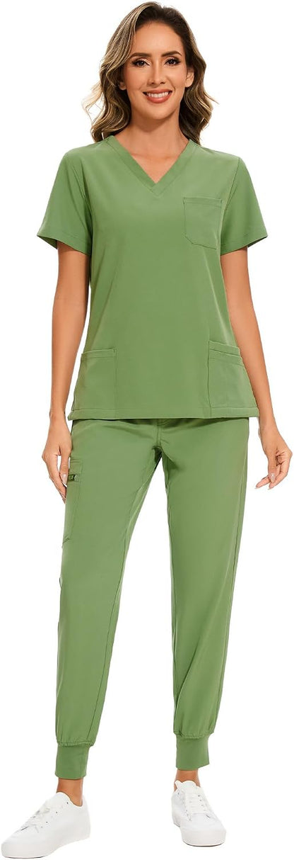 COZYFIT Scrubs for Women – Stretch V-Neck &amp; Jogger Pant Set with 9 Pockets
