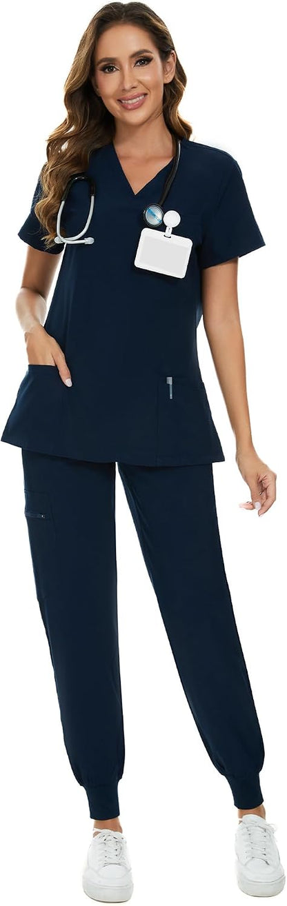 COZYFIT Scrubs for Women – Stretch V-Neck &amp; Jogger Pant Set with 9 Pockets