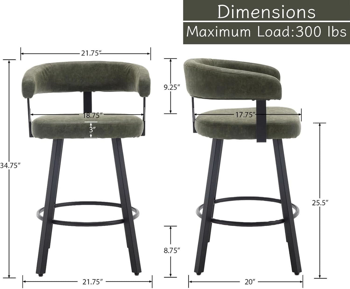 Green Leather Counter Height Bar Stools Set Of 4 With Backs 25 Inch