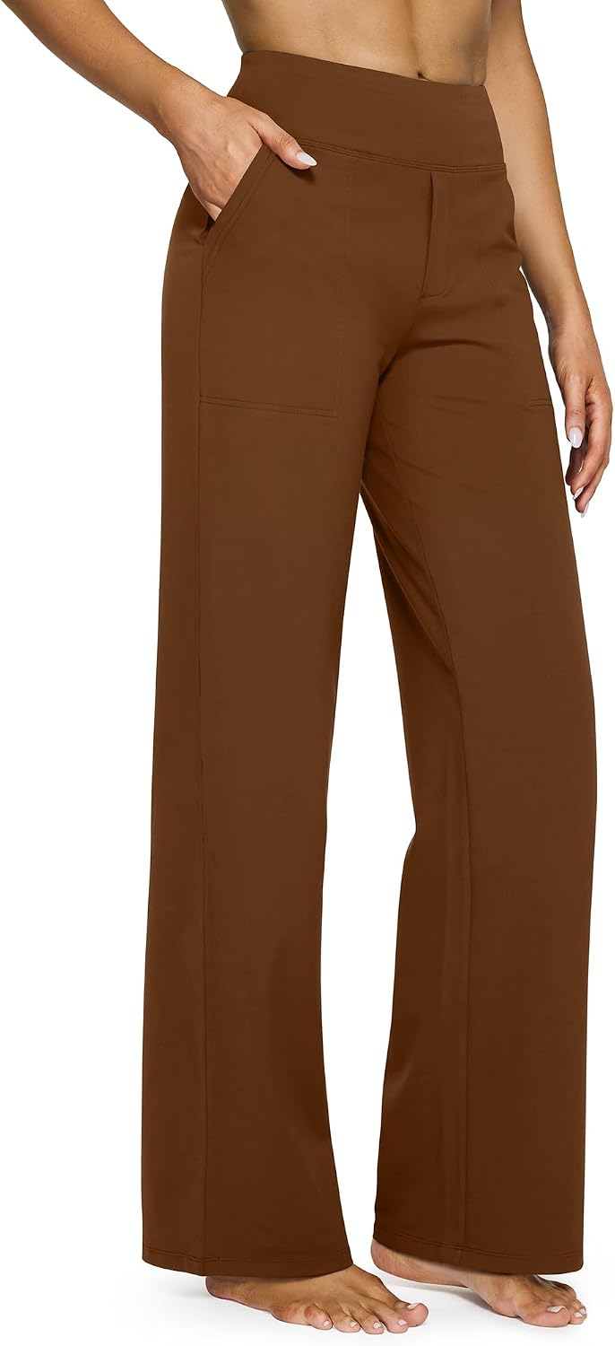 G4Free Yoga Pants for Women Wide Leg Pants with Pockets High Waisted | Moisture Wicking, Soft Comfortable Feel, 4-Way Stretch, Faux Fly, Faux Back Pockets, Yoga, Work &amp; Casual Wear