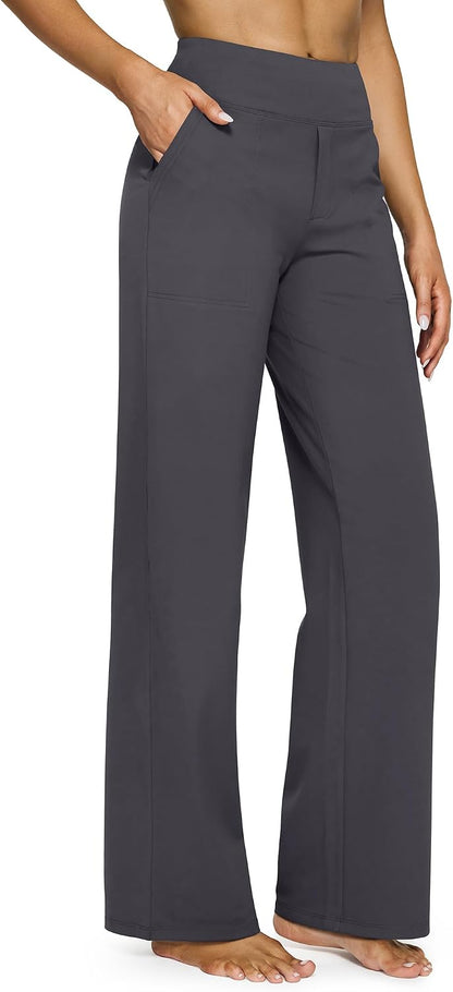 G4Free Yoga Pants for Women Wide Leg Pants with Pockets High Waisted | Moisture Wicking, Soft Comfortable Feel, 4-Way Stretch, Faux Fly, Faux Back Pockets, Yoga, Work &amp; Casual Wear