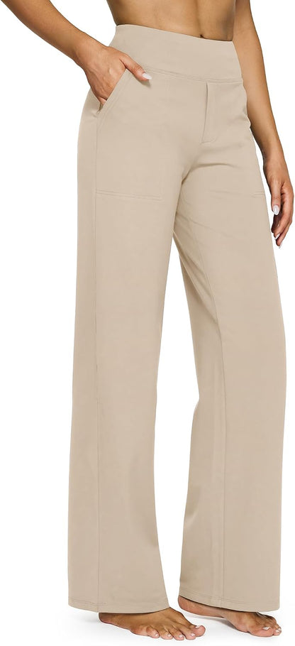 G4Free Yoga Pants for Women Wide Leg Pants with Pockets High Waisted | Moisture Wicking, Soft Comfortable Feel, 4-Way Stretch, Faux Fly, Faux Back Pockets, Yoga, Work &amp; Casual Wear