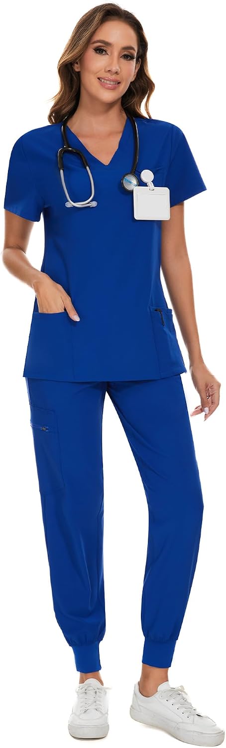 COZYFIT Scrubs for Women – Stretch V-Neck &amp; Jogger Pant Set with 9 Pockets