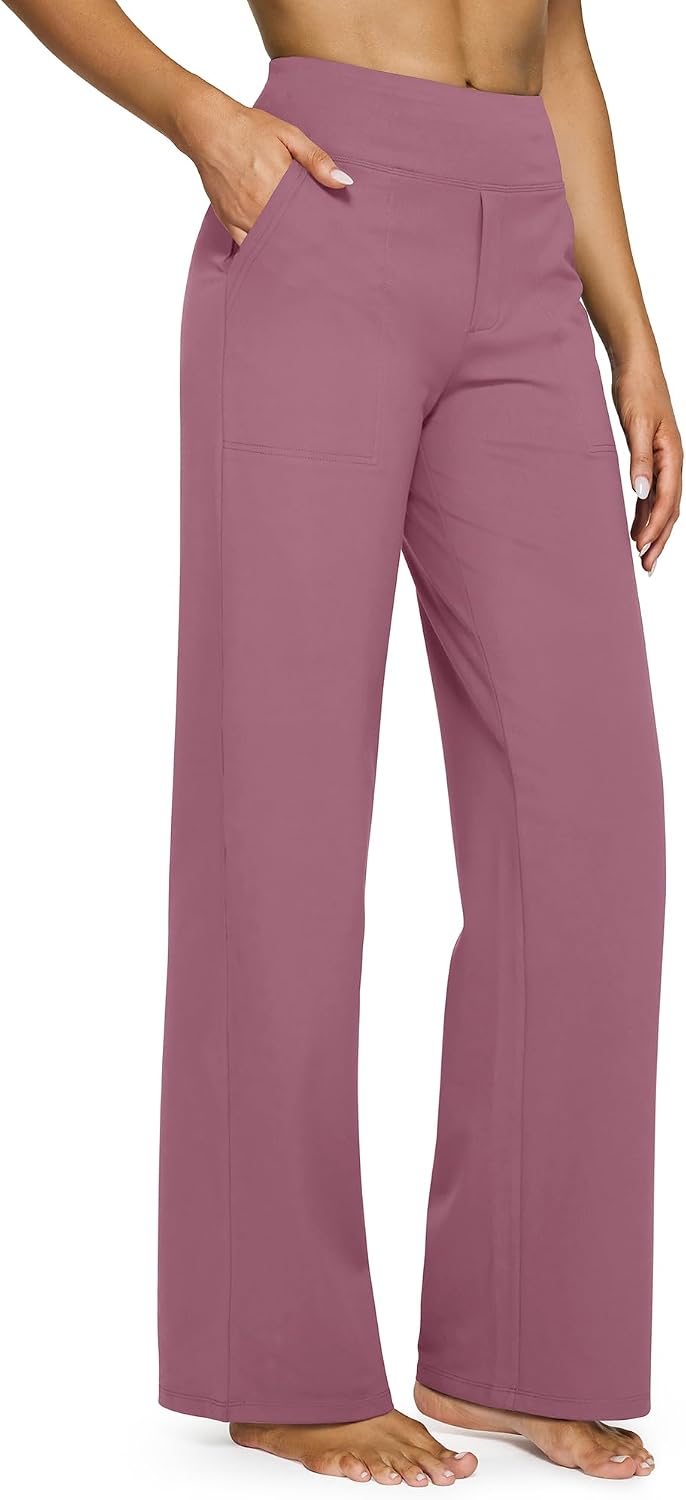 G4Free Yoga Pants for Women Wide Leg Pants with Pockets High Waisted | Moisture Wicking, Soft Comfortable Feel, 4-Way Stretch, Faux Fly, Faux Back Pockets, Yoga, Work &amp; Casual Wear